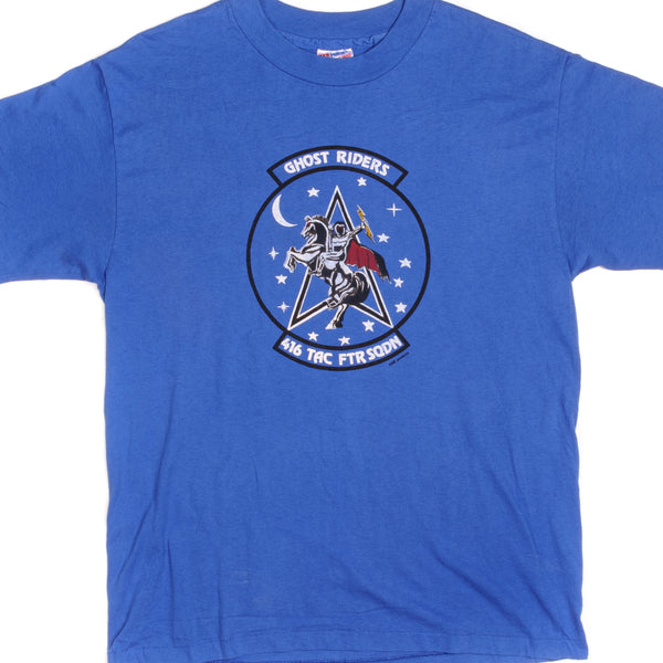 Vintage US Air Force Ghost Riders 416 TAC FTR SQDN Hanes 50/50 Tee Shirt Size Large Made In USA with single stitch sleeves.