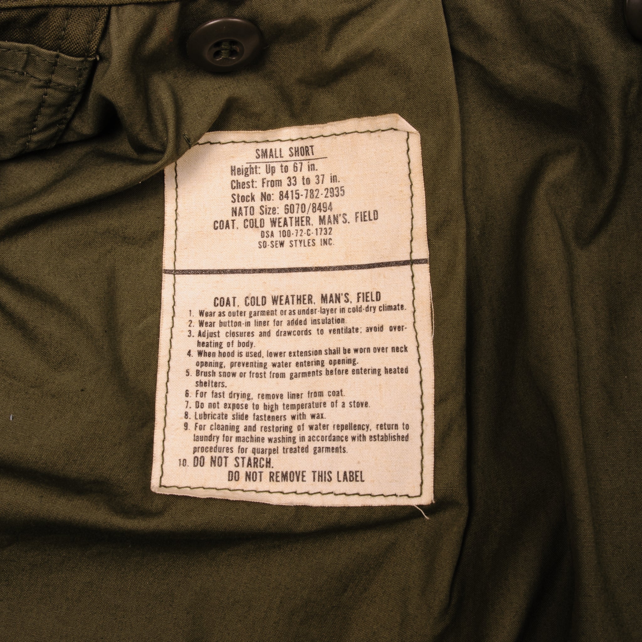 VINTAGE US ARMY M-1965 M65 FIELD JACKET 1972 VIETNAM WAR SIZE SMALL SH ...