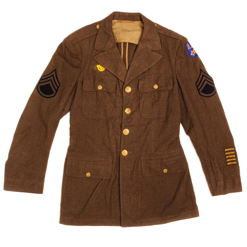 Vintage US Army Air Forces Uniform Wool Serge Jacket 1942 World War 2 Size 37R With Patch.  Patches : Eleventh Air Force (picture #6), Sergeant First Class Platoon Sergeant 1950s (picture #7)  Cont. W-669-qm-23024  Stock No. 55-C-69398