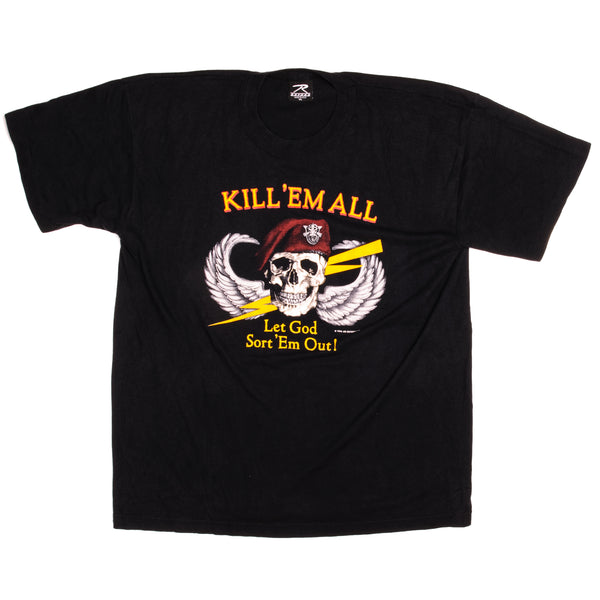 Vintage US Special Forces Red Beret Kill'Em All Let God Sort'Em Out ! Tee Shirt 1986 Size XLarge Made in USA with single stitch sleeves.