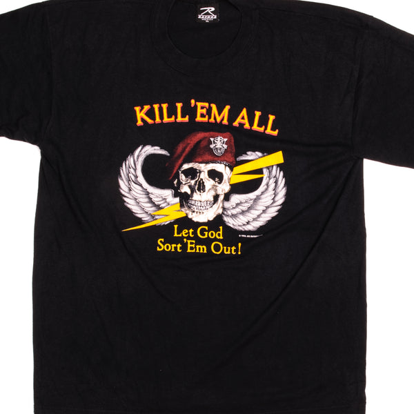 Vintage US Special Forces Red Beret Kill'Em All Let God Sort'Em Out ! Tee Shirt 1986 Size XLarge Made in USA with single stitch sleeves.