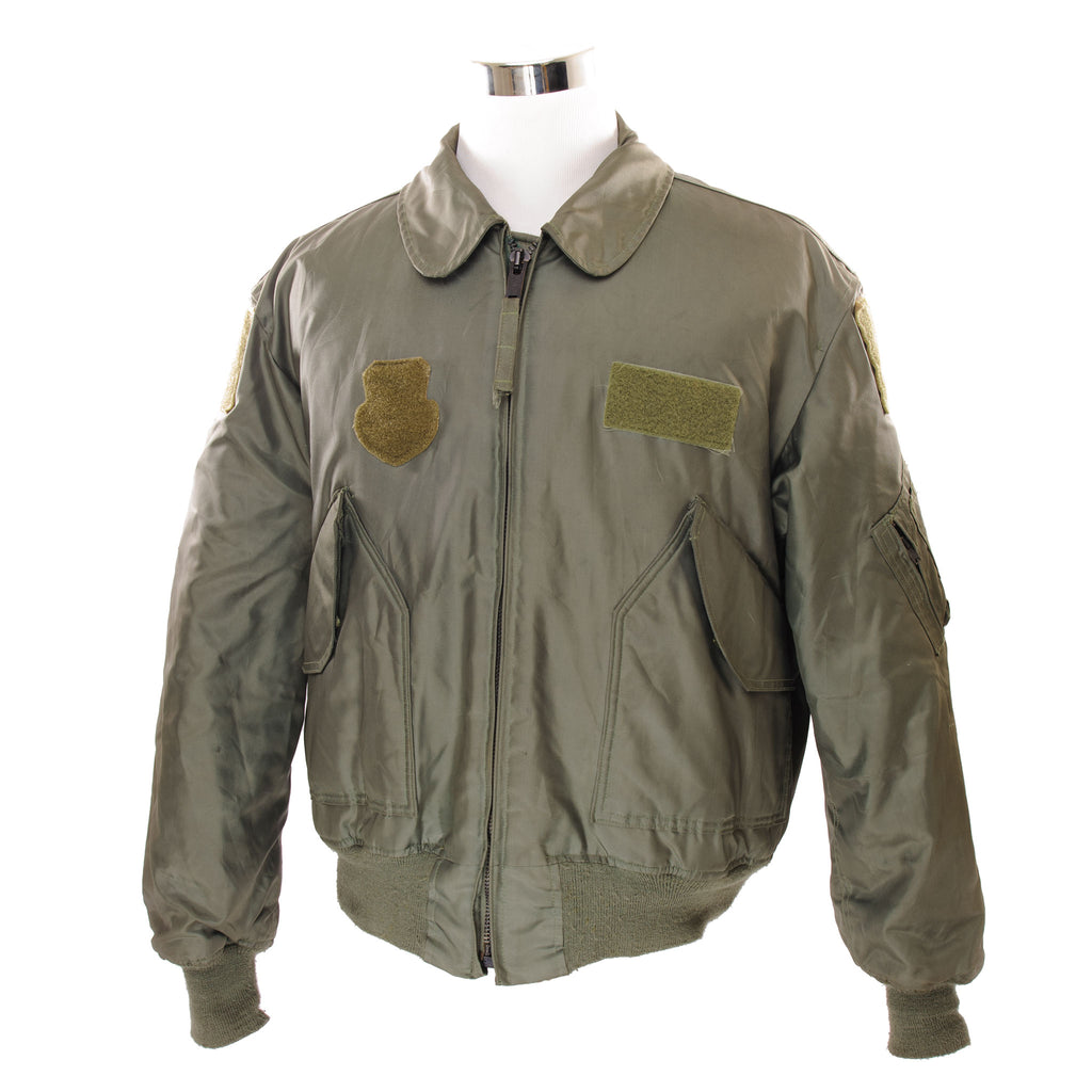 The military Flight Jacket CWU-45P is still currently used, it was made for colder weather and is fire resistant.  Vintage US Air Force CWU 45/P 45P Winter Flight Jacket 1995 Size L.  9415-00-310-1140 MIL-1-83388E  SP0100-95-C-5024