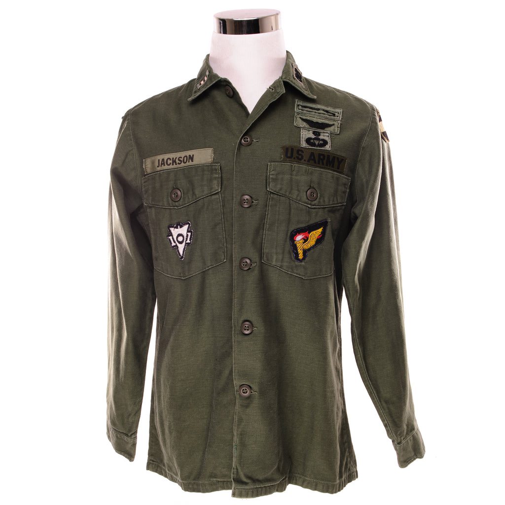 VINTAGE US ARMY UTILITY SHIRT P-64 P64 1969 VIETNAM WAR SIZE 15 1/2 x 33 WITH PATCHES