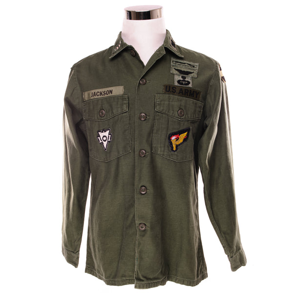 VINTAGE US ARMY UTILITY SHIRT P-64 P64 1969 VIETNAM WAR SIZE 15 1/2 x 33 WITH PATCHES
