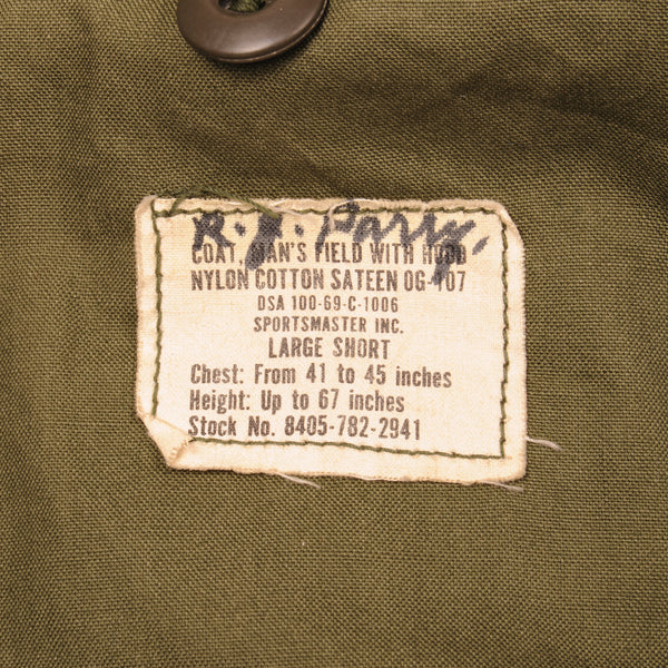 Vintage US Army M-1965 Field Jacket 1969 Vietnam War size Large Short.  DSA 100-69-C-1006  Stock No. 8405-782-2941