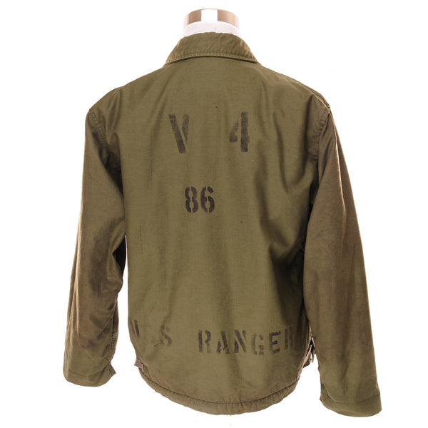 Vintage USN US Navy A-2 A2 Deck Jacket Cold Weather 1986 Size Large 42-44 with a stencil of USS Ranger .  Stock No. 8415-00-753-5613 DLA100-86-C-0880