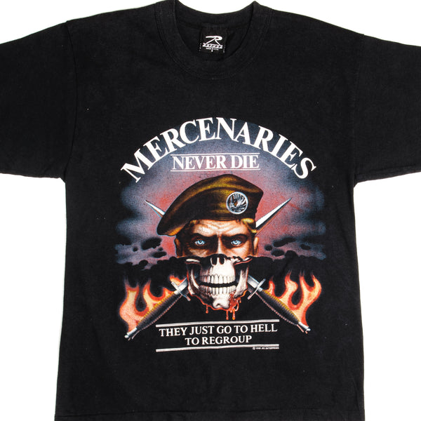 VINTAGE MERCENARIES NEVER DIE TEE SHIRT 1988 SIZE SMALL MADE IN USA