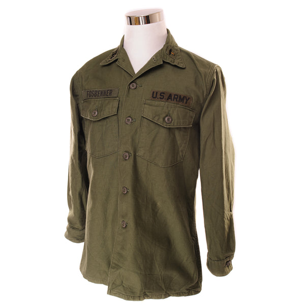 Vintage US Army Utility Shirt P-64 P64 1968 Vietnam War Size 16 1/2 X 34 With Patches.  Stock No. 8405-782-3020 DSA 100-68-C-1925  Army Medical Department Specialist Corps