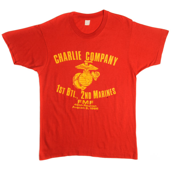 Vintage US Marine Corps Charlie Company 1st Btl., 2nd Marines FMF 40th Reunion T-Shirt 1986 size Medium Made in USA with single stitch sleeves.