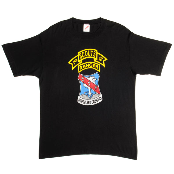 Vintage US Army 1 Battalion 327th Infantry Regiment Scouts Ranger Honor and Country Above The Rest T-Shirt 90s size medium Made in USA with single stitch sleeves.