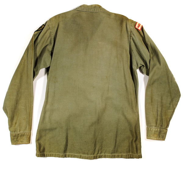 US ARMY UTILITY SHIRT P64 1967 SOUTH CAROLINA NATIONAL GUARD OLD NINETY SIX MANAGER PATCHED